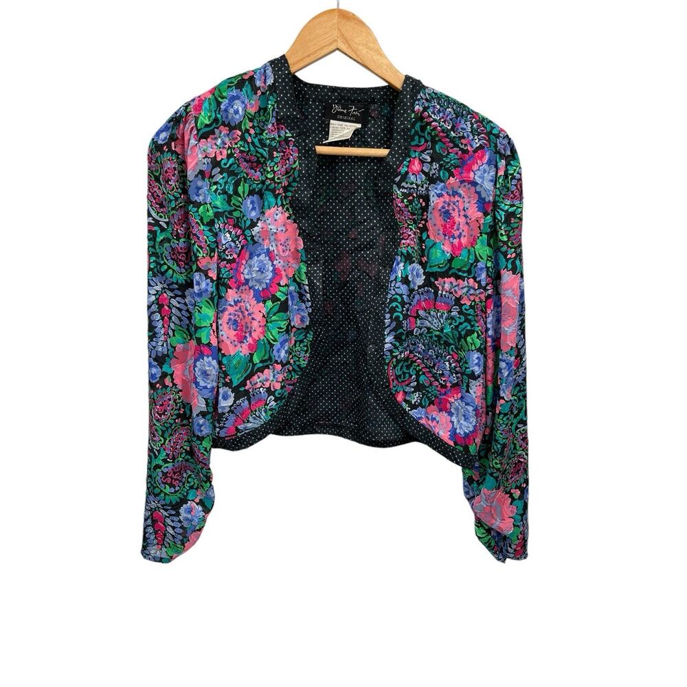 Vintage Diane Freis Jacket Colorful Floral Beaded Ruched Sleeves Size Medium ?